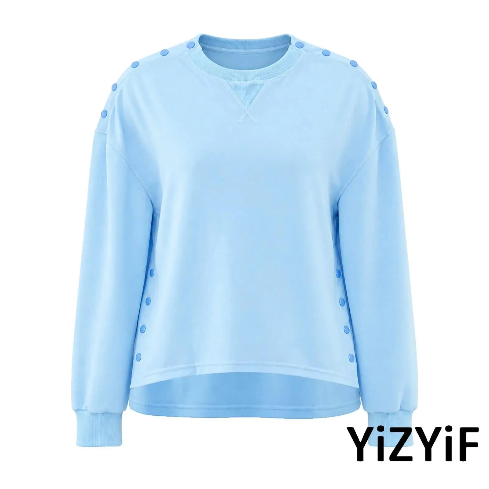 Women Adaptive Sweatshirt Long Sleeve Post Surgery Recovery Top Press Button Closure Solid Color Casual Wear for Elderly