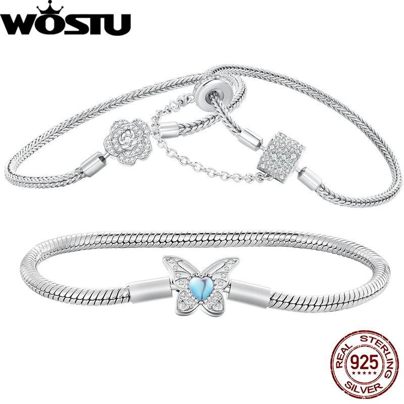 

WOSTU 925 Sterling Silver Basic Heart-Shaped Bracelet Moonstone Butterfly Chain Bracelet Bangle Fit Original Charms DIY Gift