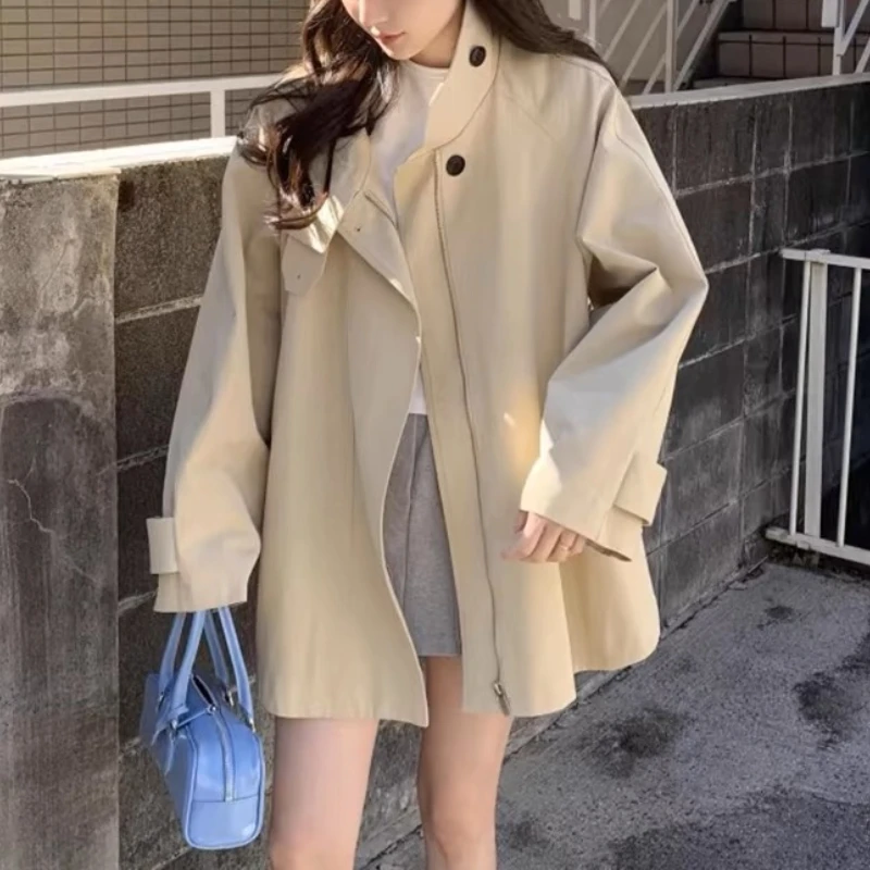 Long-sleeved trench coat female Korea chic autumn new style retro style stand collar design feeling minority loose jacket