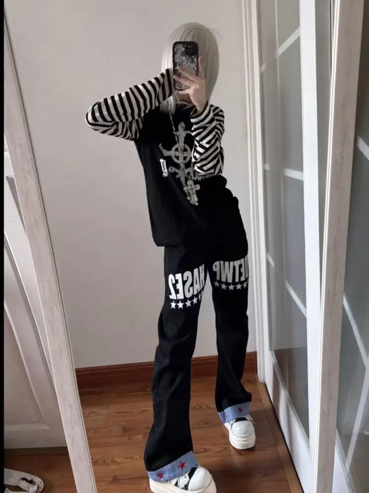 American Subculture Double Waist Curve Knife Jeans Men's Women's Visual Design Thinming Large Size Patchwork Jeans