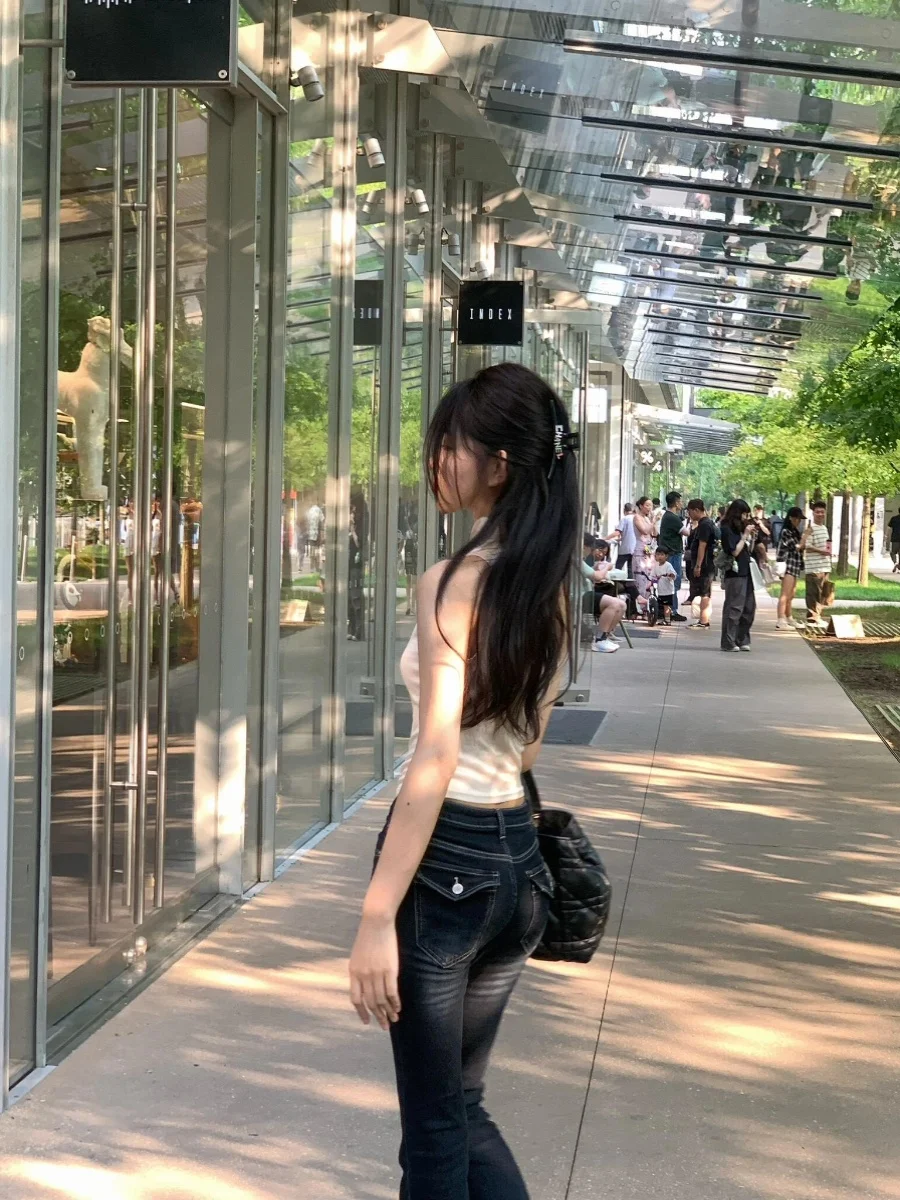 

Новые женские джинсы-клеш с высокой талией, эластичные, утягивающие, в корейском стиле, летние, из хлопкового денима, широкие штанины