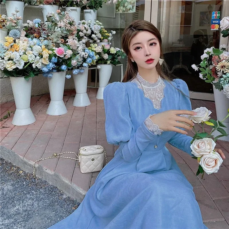 Elegant Vintage Puff Sleeve Dress Women Chic Patchwork Lace Long Party Dresses Female Casual French Sweet Kawaii Dresses Female image 4