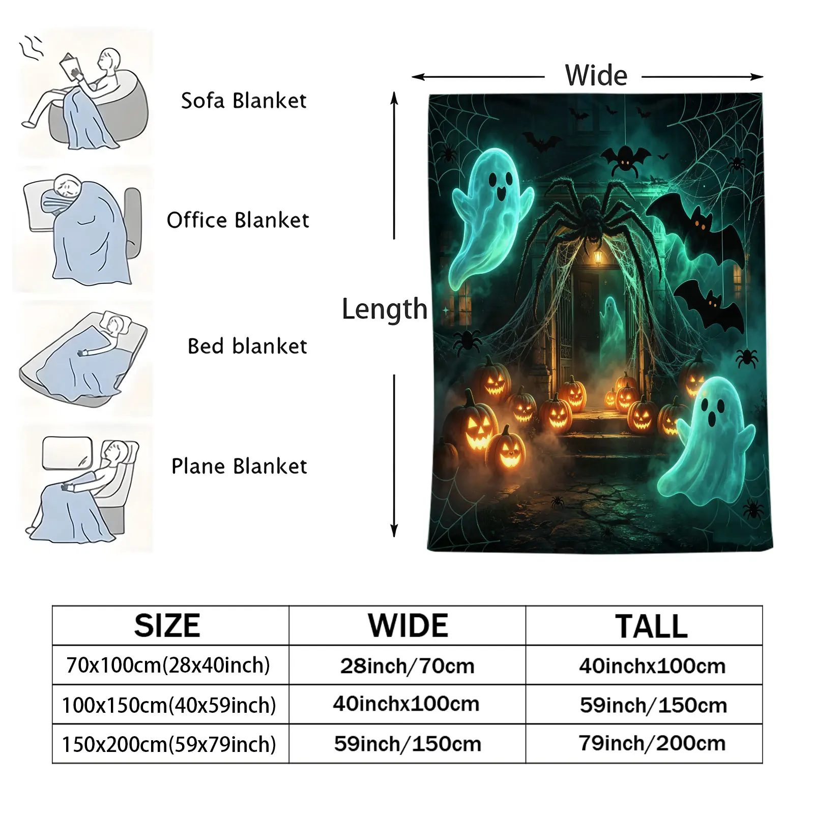 Halloween Haunted House Flannel Throw Blanket Glowing‑Green Ghost Pumpkin Bat Spider Web Print Soft Warm Microfiber Blanket Home