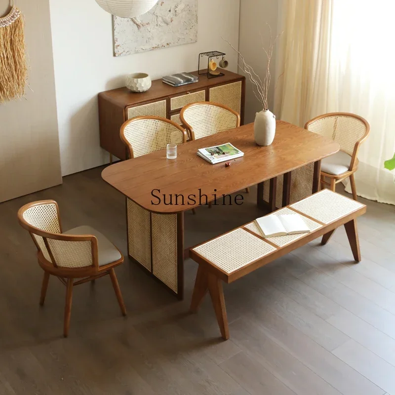 

Wabi Sandy Wind Solid Wood Dining Table Household Rattan Dining Table and Chair Combination