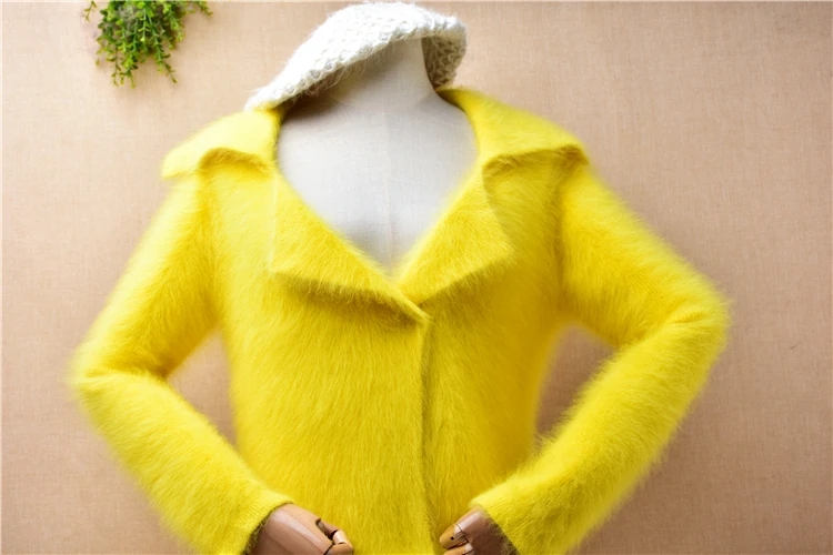 04 Ladies Women Fall Winter Clothing Yellow Hairy Mink Cashmere Knitted Suit Collar Slim Cardigans Angora Fur Jacket Sweater Top