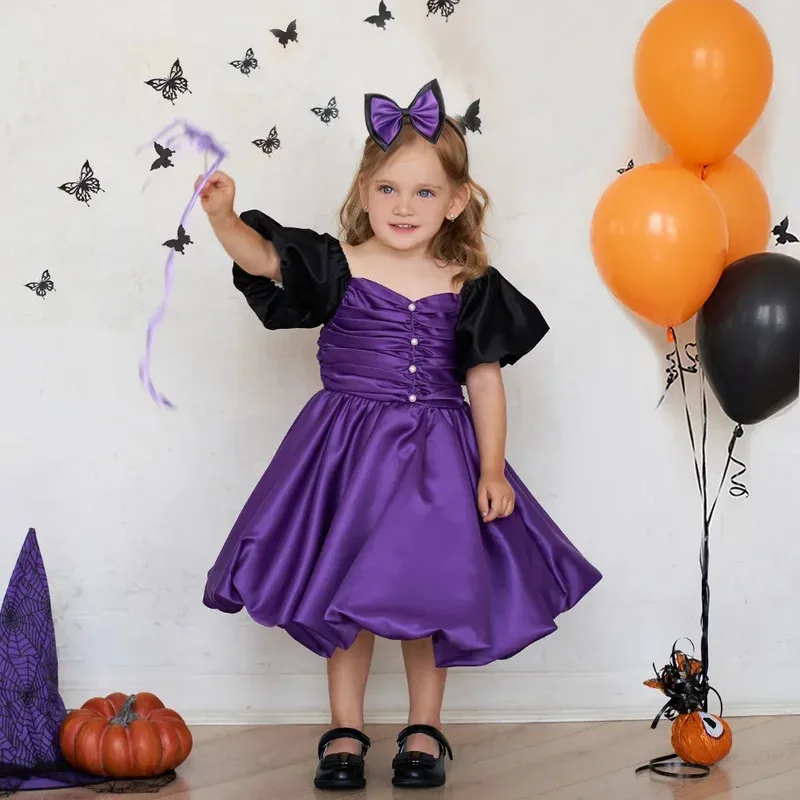 

COSda@Naughty Toddler Girls Black Purple Halloween Knee Length Puffy Dress Kids Bow Eveing Birthday Party Dresses Princess Costu
