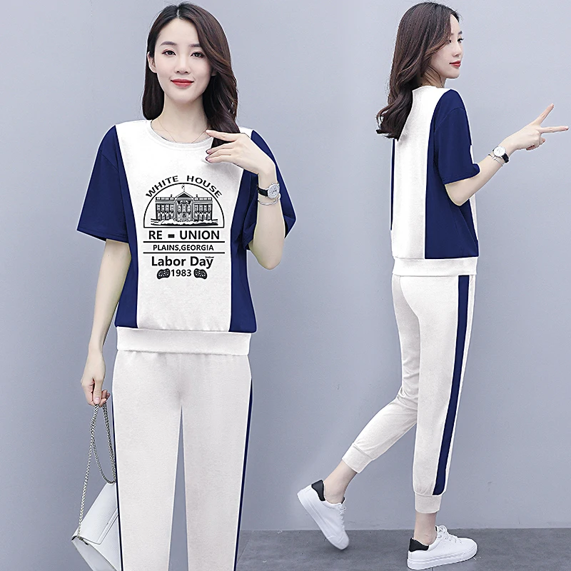 

Модный повседневный спортивный костюм-двойка с коротким рукавом для женщин, весна-лето, новинка, смесовая ткань из полиэстера и спандекса