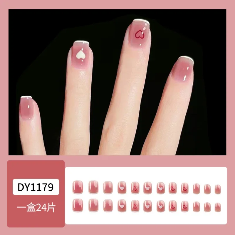 Uñas postizas cortas de verano, uñas postizas con diseño de corazón de chica encantadora, rosa, amor, usable, puntas de uñas postizas con pegamento, 24 piezas