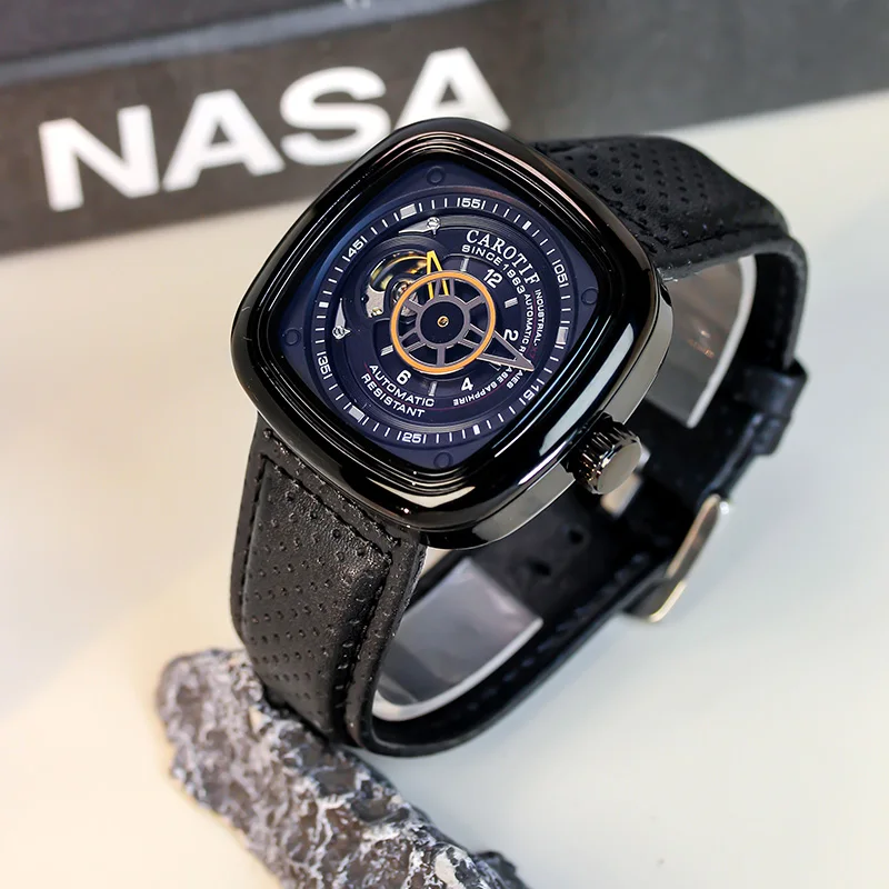 

A men's black leather belt, stylish and trendy, niche square-shaped fully automatic tourbillon mechanical watch