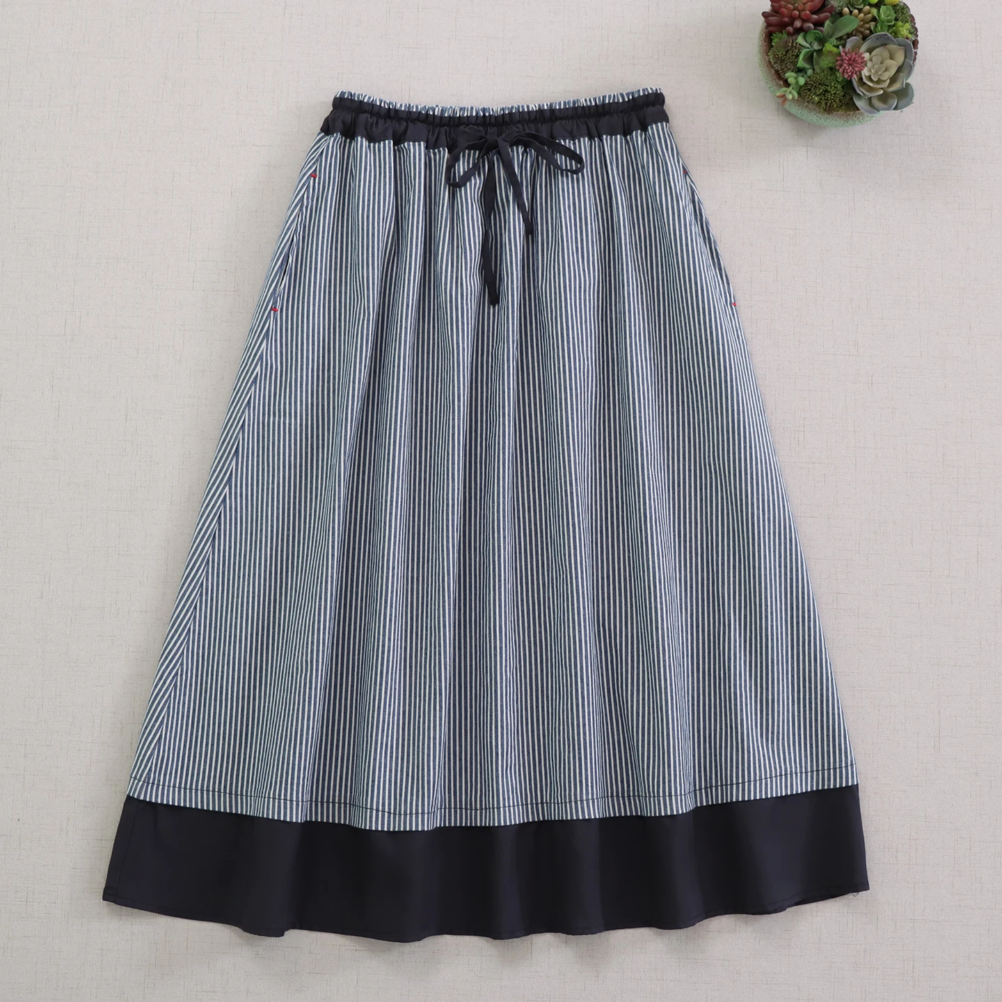 Japanse Mori Meisje Vintage Gestreepte Katoenen Rokken Vrouwen Herfst Nieuwe Lace Up Elastische Taille Elegant Casual Losse A-lijn Midi Rokken