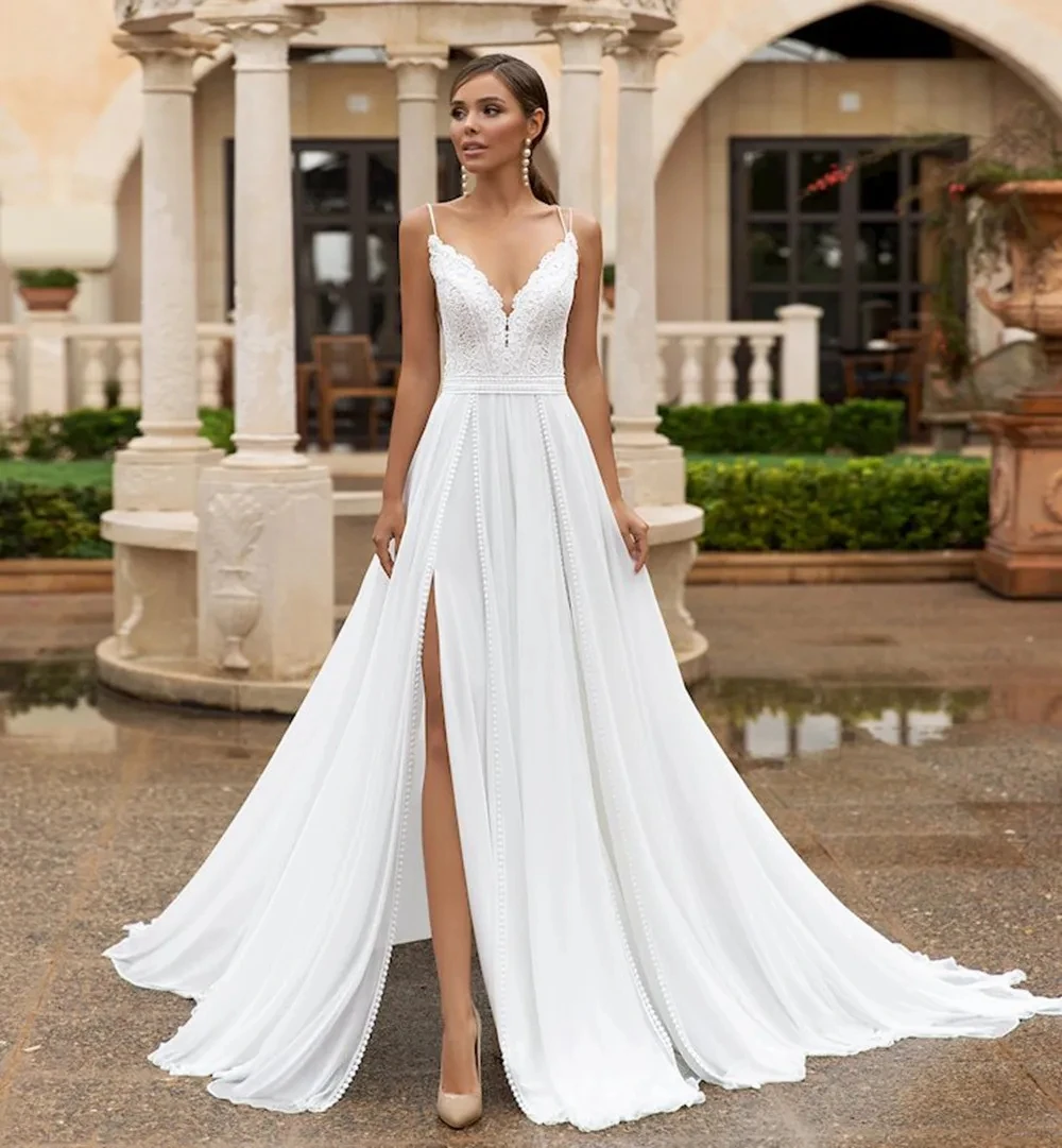 Charming Spaghetti Straps Boho Wedding Gown Side Split Chiffon Bride Dress Sexy Back Lace Beach Bridal Gown вечернееплатьеCL-637