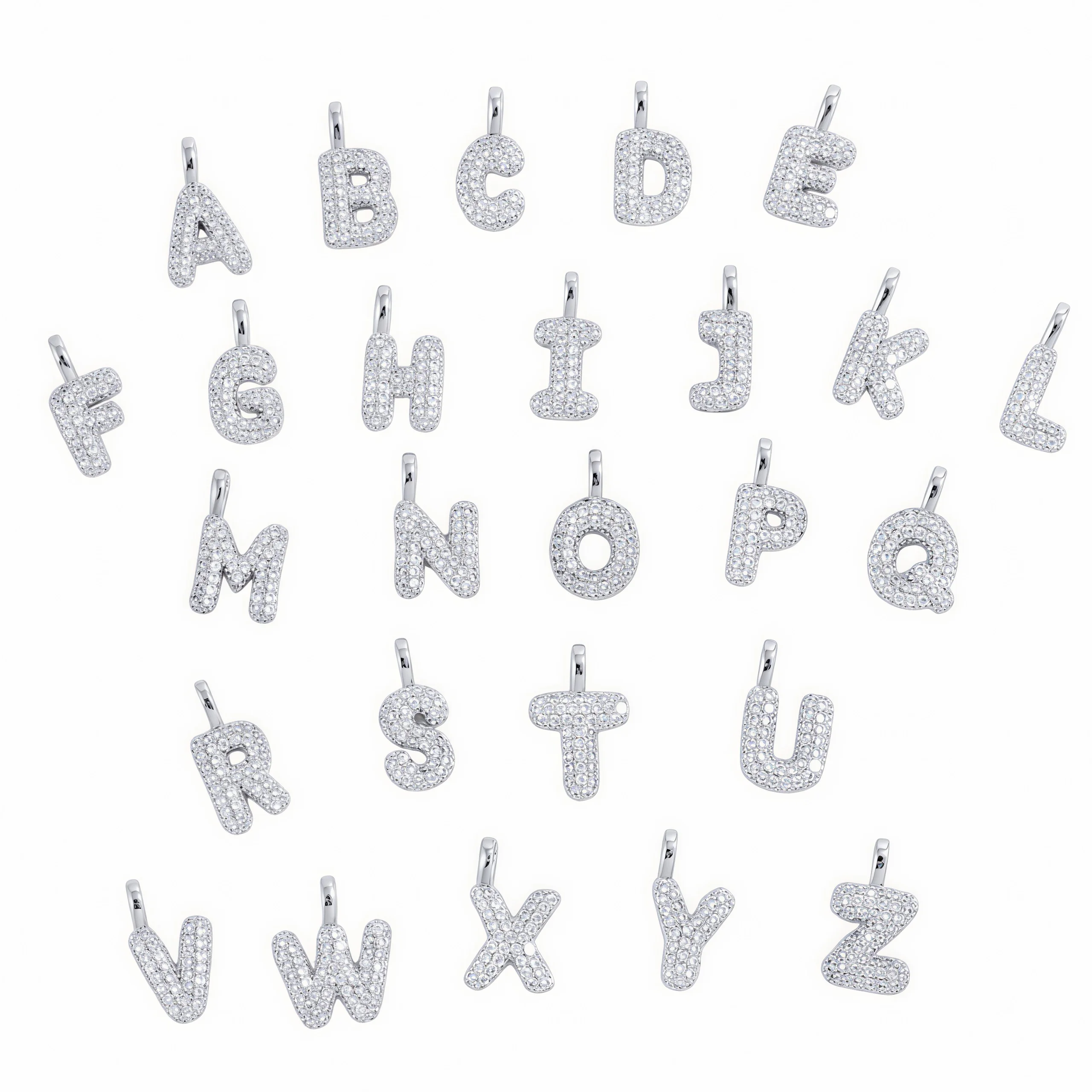 Sparkly Pave CZ Bubble Letter Charms Chunky Puffy A-Z Alphabet Pendants for Custom Name & Initial DIY Necklaces:VD2502