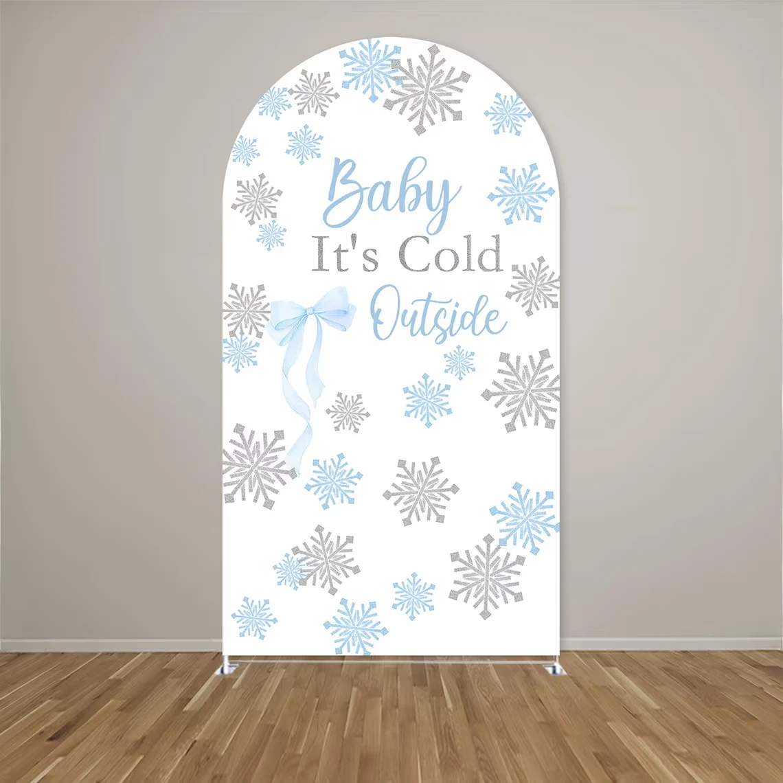 It's Cold Outside Themed Baby Shower Party Banner Backdrop Snowflake Winter Gender Reveal Newborn Boy Blue Arched Cover Props