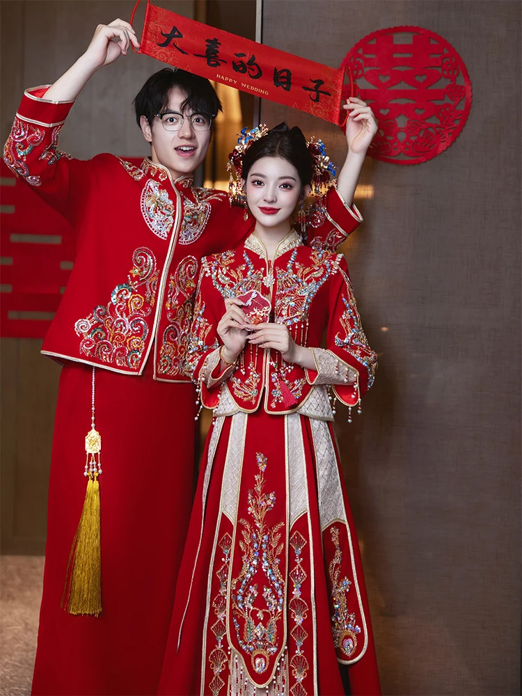 

New 2025 Chinese Sle Wedding Dr XiuHui Heavy Work Marriage Ceremony Dr Drinking Ceremony Women's Clothing Qipao