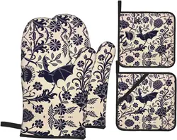 Bats and Flower Oven Mitts and Pot Holders Sets of 4 Resistant Hot Pads with Polyester Non-Slip Gloves for Cooking Baking BBQ
