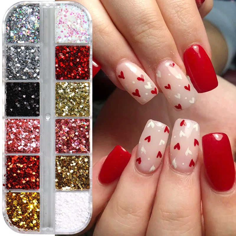 12 Grids Cute Mini Love Heart Nail Glitter Flakes Sparkly Iridescent Heart Sequins Korean Style Nail Charms Valentine Decoration