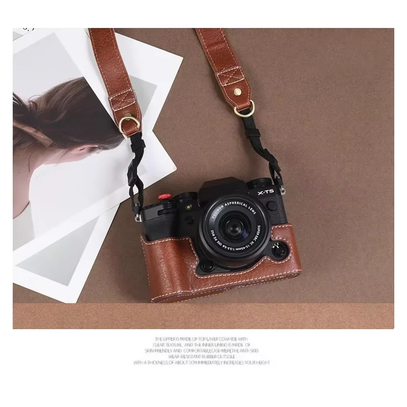 Étui en cuir PU sac pour appareil photo pour Fujifilm XT5 X-T5 XT4 base de poignée de protection couverture demi-corps portable avec sangle de Port de batterie