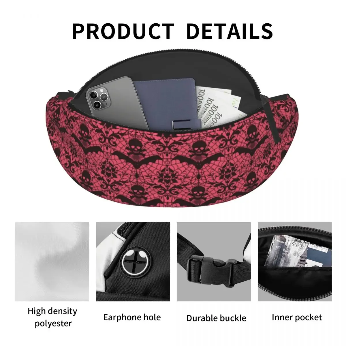 Gothic skull fanny pack para homens e mulheres, crânio, crânio, crânio, para viagens, caminhadas, halloween, esqueleto, arte, bolsa de telefone, bolsa de dinheiro