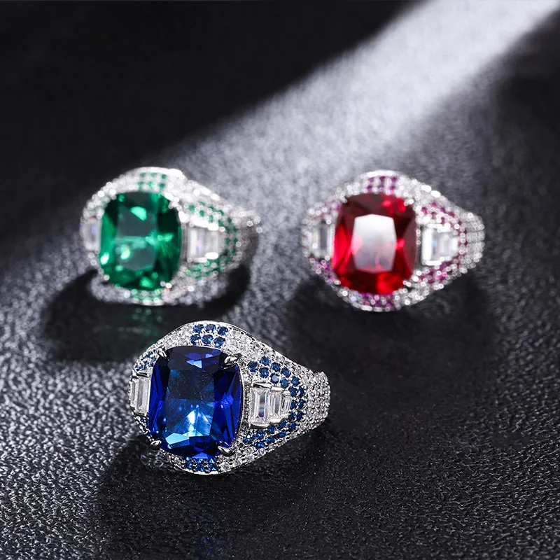 Cincin Wanita, gaya baru yang indah dan elegan simulasi harta karun merah biru harta karun zamrud cincin persegi mode utama Niche