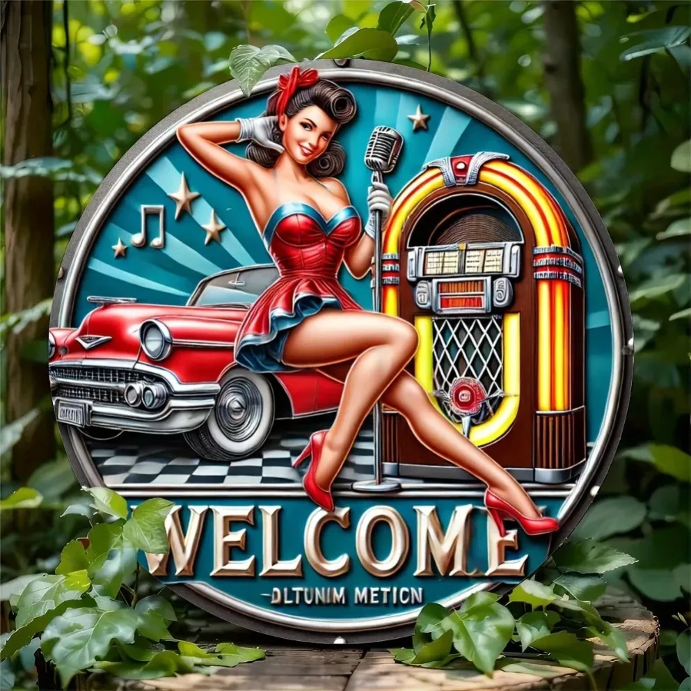 لوحة فنية جدارية حديدية عتيقة: ميكروفون براقة وتصميم نسائي للبار أو المقهى أو غرفة النوم أو غرفة الموسيقى - قطعة بيان ريترو شيك