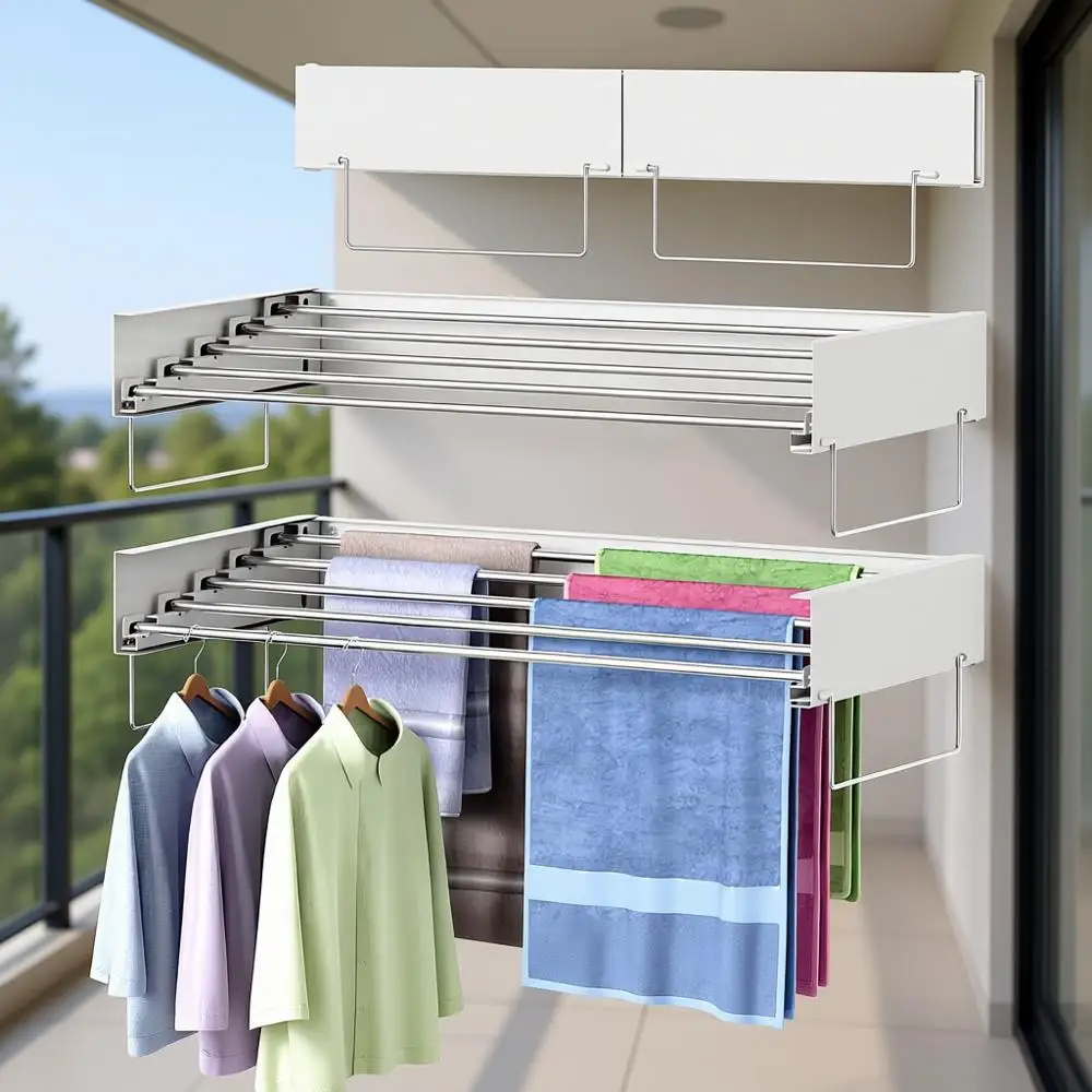 

Space-Saving Wall-Mounted Clothes Drying Rack with 5 Rods, 2 Towel Bars, Collapsible Design, 31.5 Inch