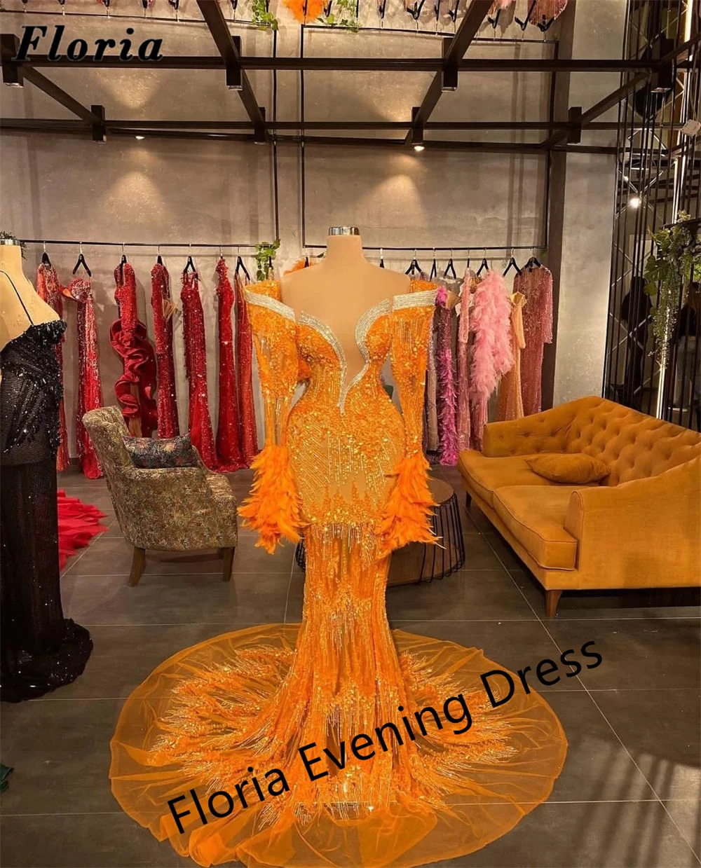 Unique Design Beading Evening Dresses 2023 Arabic Off Shoulder Long Dress Middle East Dubai Mermaid Feather Wedding Party Gowns