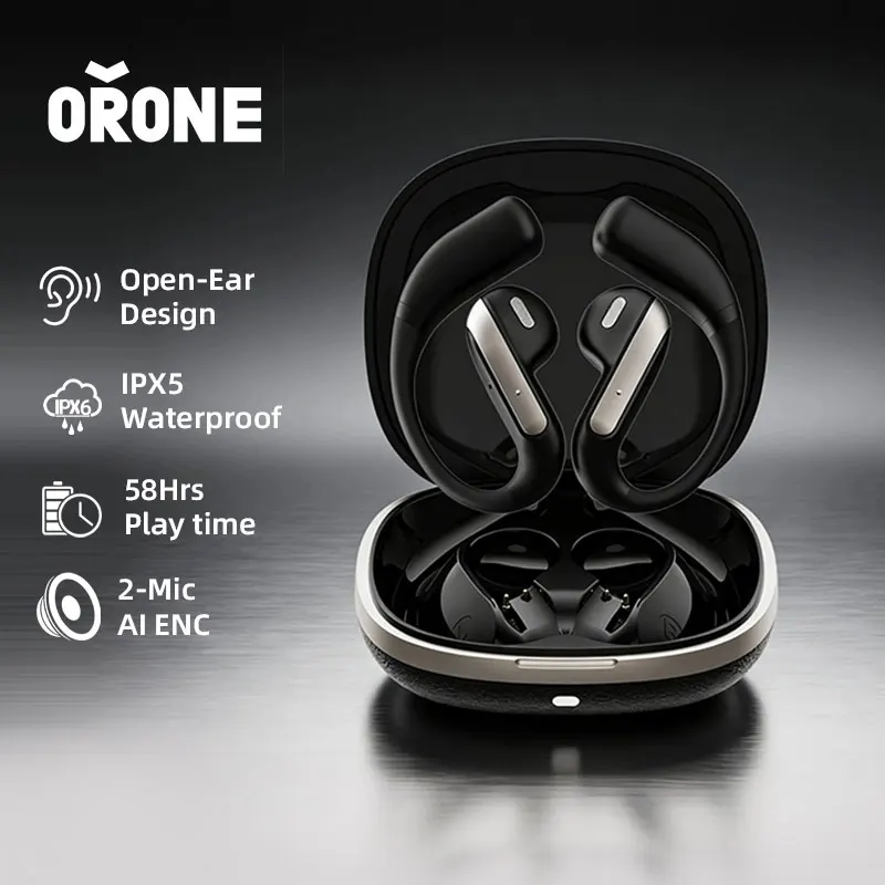 Auriculares Inalámbricos ORONE YJ-55 de Diseño Abierto, Audio de Alta Resolución, Resistentes al Agua IPX5, Auriculares Deportivos TWS con Gancho para la Oreja, Batería de Larga Duración de 58H, Ligeros