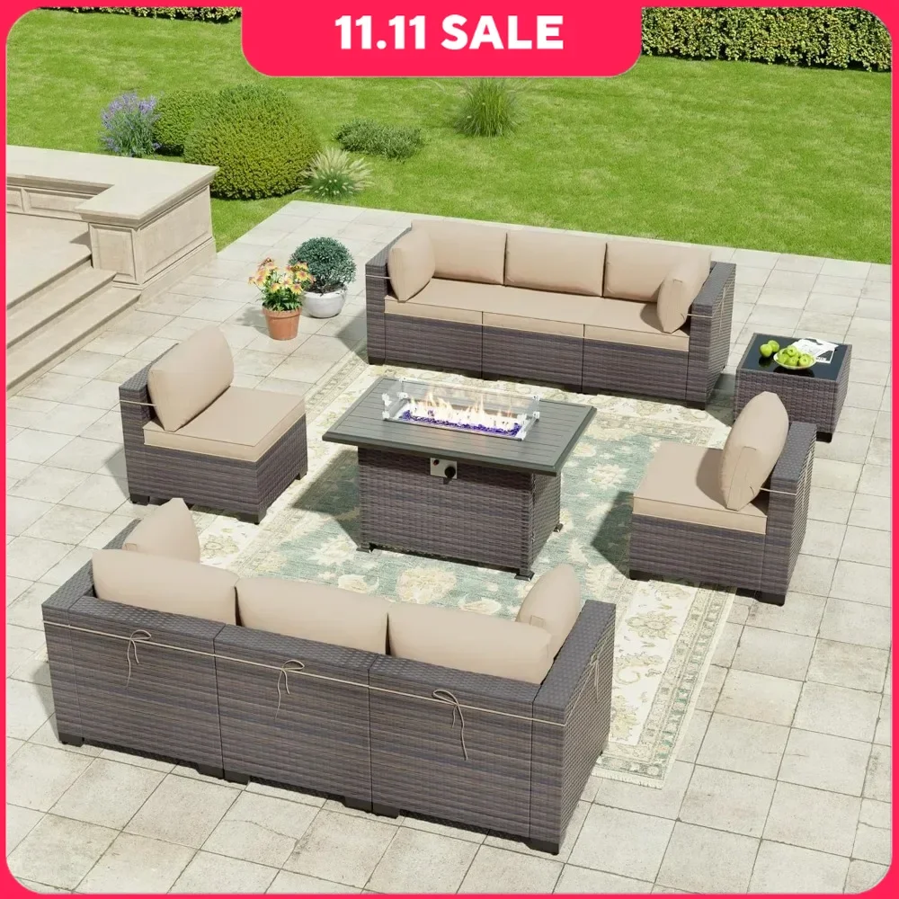 10 Pieces Outdoor Furniture Set with 55000BTU Gas Propane Fire Pit Table,PE Wicker Rattan Sectional Sofa Patio Conversation Sets