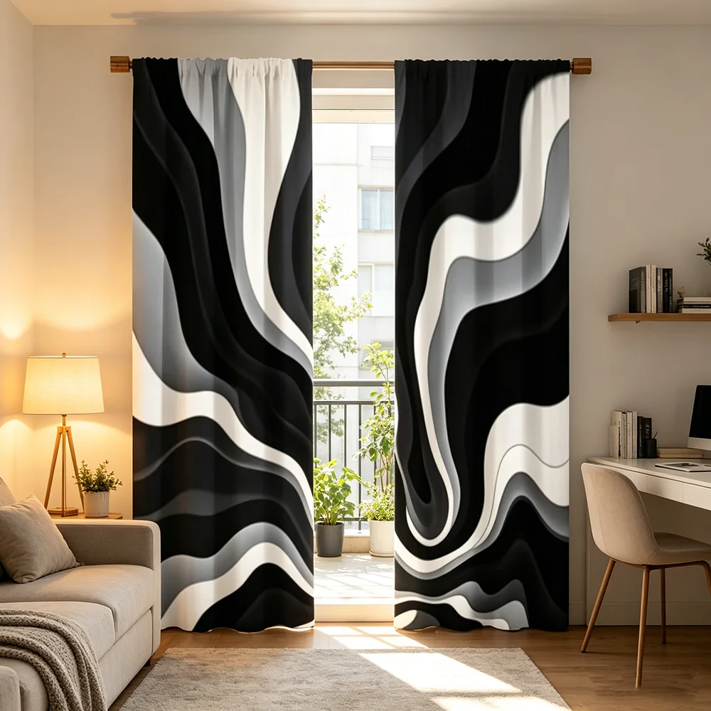2PCS Digital Printed Curtains, Black White Vortex Spiral Abstract, Rod Pocket Window Drapes for Living Room Bedroom Decor