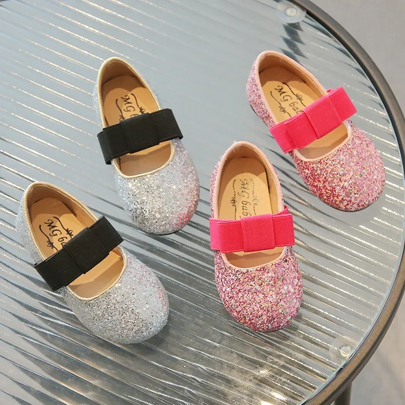 Fashion Girls' Shoes 2025 Spring New Sequined Princess Shoes Butterfly Bow Children's Shoes Girl Casual Shoe All Match Mary Jane