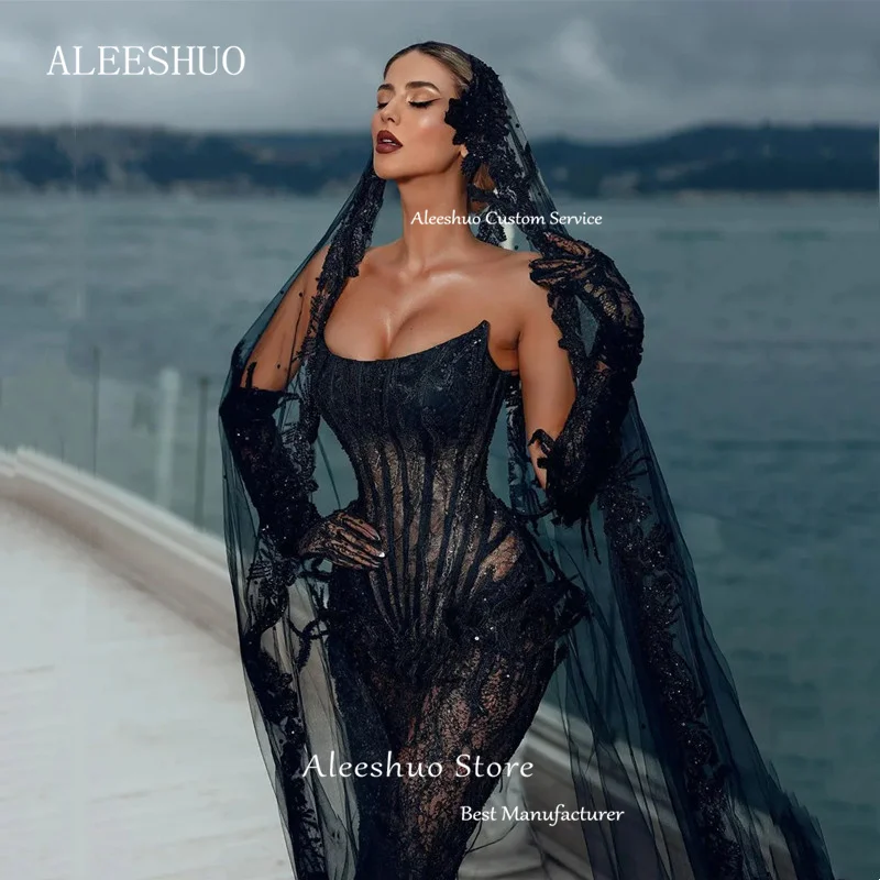 Aleeshuo Abito da sera sexy a sirena senza spalline in tulle nero con paillettes glitterate, abito da sera senza maniche in pizzo illusione personalizzato