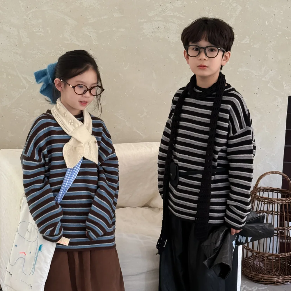 

2025 Autumn New Children Long Sleeve Knitted Sweater Cotton Girls Loose Knit Tops Boys Striped Casual Pullover Kids Clothes