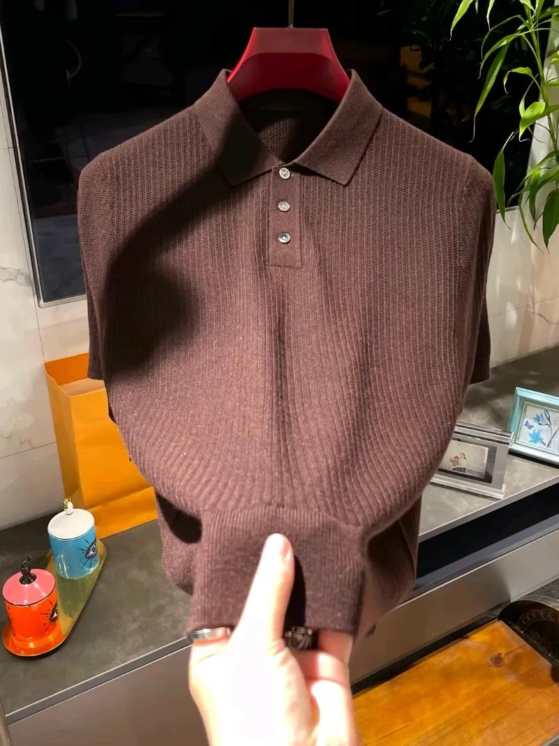 

Мужская осенняя новинка: модная вязаная футболка с коротким рукавом и воротником, универсальная, стильная, премиум-класса, повседневная, в европейском стиле