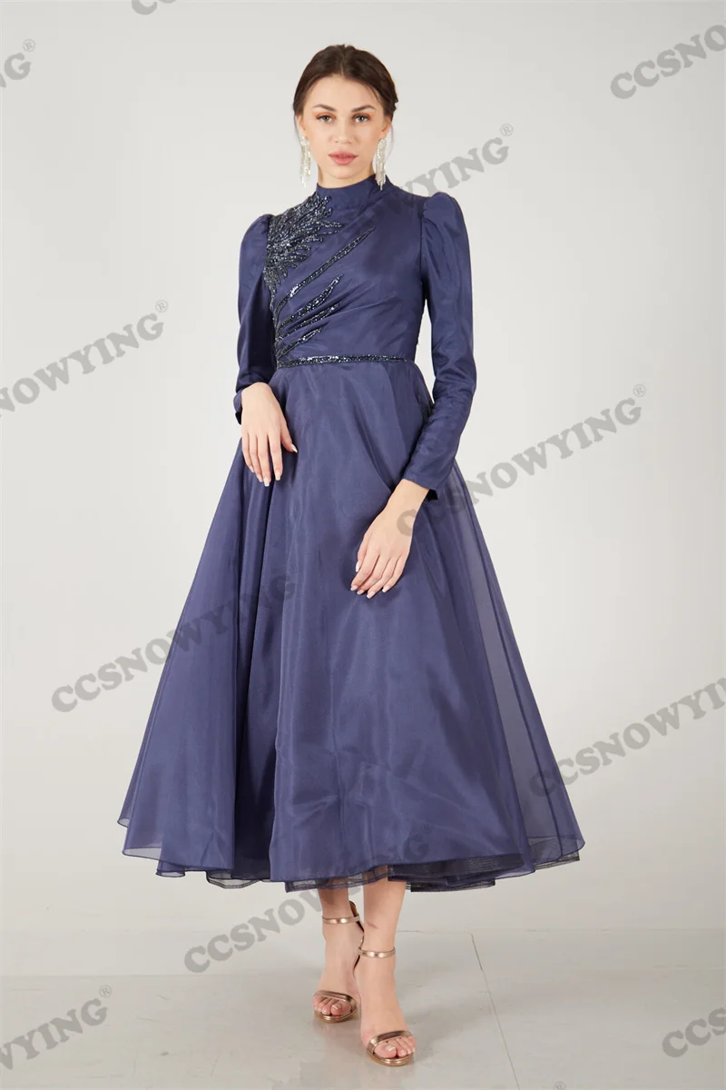 

Navy Blue Long Sleeve Muslim Evening Dresses Hijab Islamic Formal Party Gown Organza Beaded Women Arabic Kafatn Robe De Soiree