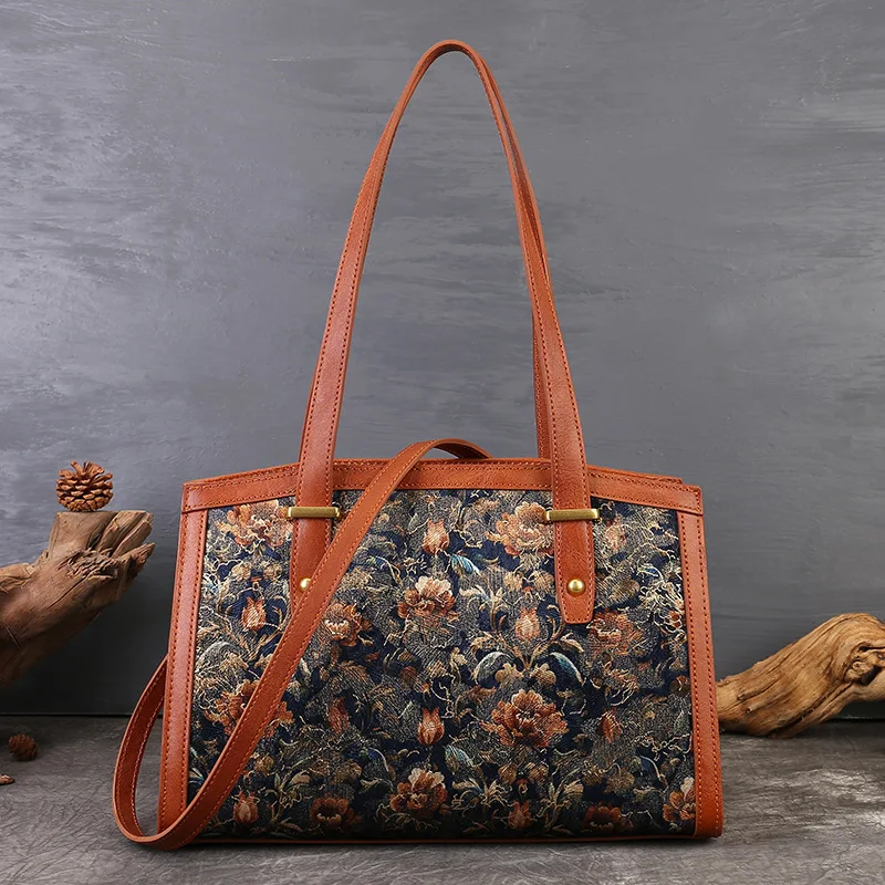 Retro Floral Embroidery Fabric Tote Bag Women Genuine Cow Leather Edge Trim Top Handle Shoulder Bag Vintage Crossbody Handbag
