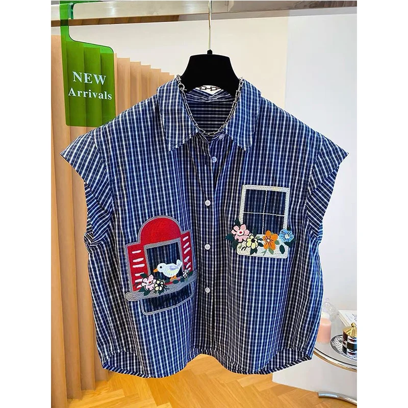 Chemisier sans manches à col rabattu pour femme, décontracté, coréen, boutons, nouveau Style Preppy, chemises brodées de dessin animé, vêtements pour femmes, été