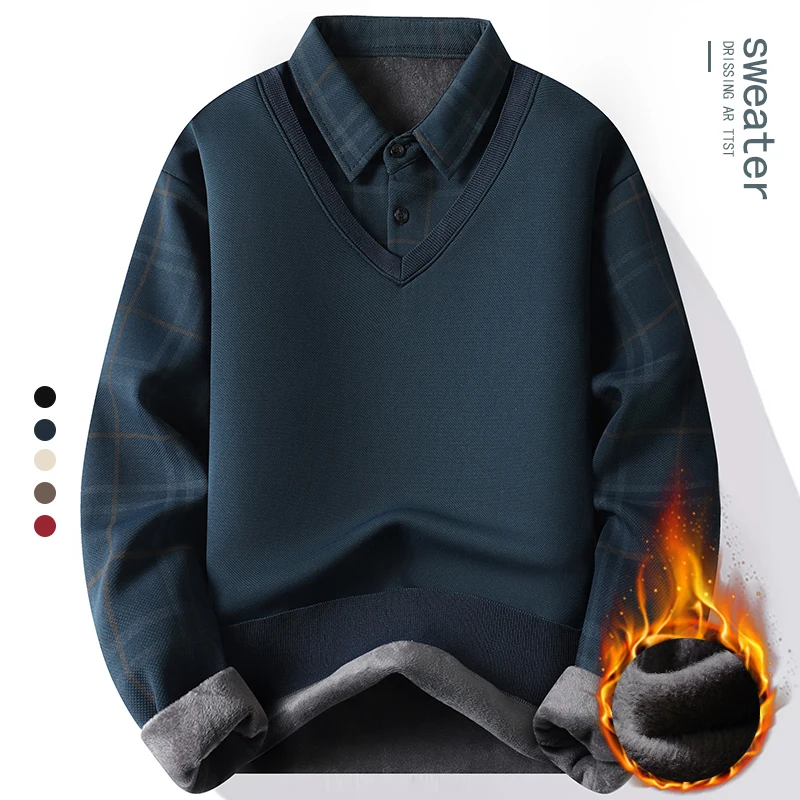 New Mens Fleece Polo Collar Sweater Fake 2 Pieces Patchwork Velvet Pullovers Slim Fit Tops Elegant Knitted Sweaters