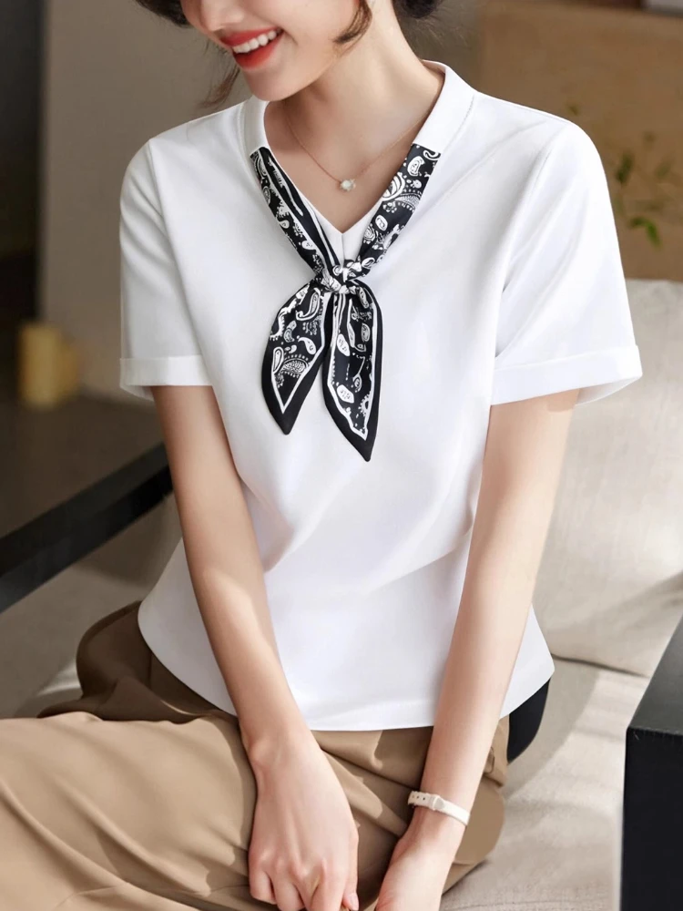 

2025 New Women's Scarf V Neck T-Shirt Structured Shoulder Ruching Tie Waist Slimming Short Sleeve Blouse