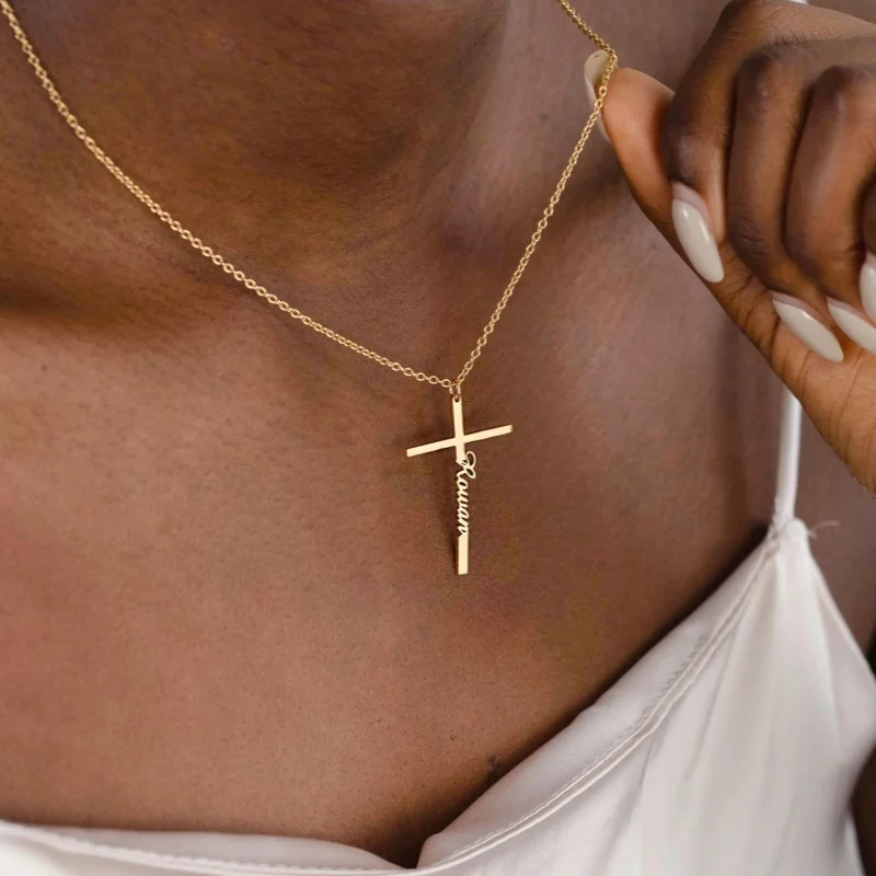 Custom Name Cross Necklace for Women,304 Stainless Steel Personalized Script Name Cross Pendant Faith Religious Jewelry