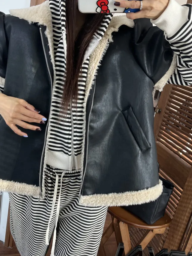 شتاء جديد Sle هونغ كونغ Sle ريترو شيك لامب الفراء جلد السائق Jaet المرأة الراقية يشعر ort ملابس خارجية الكورية فضفاضة تناسب