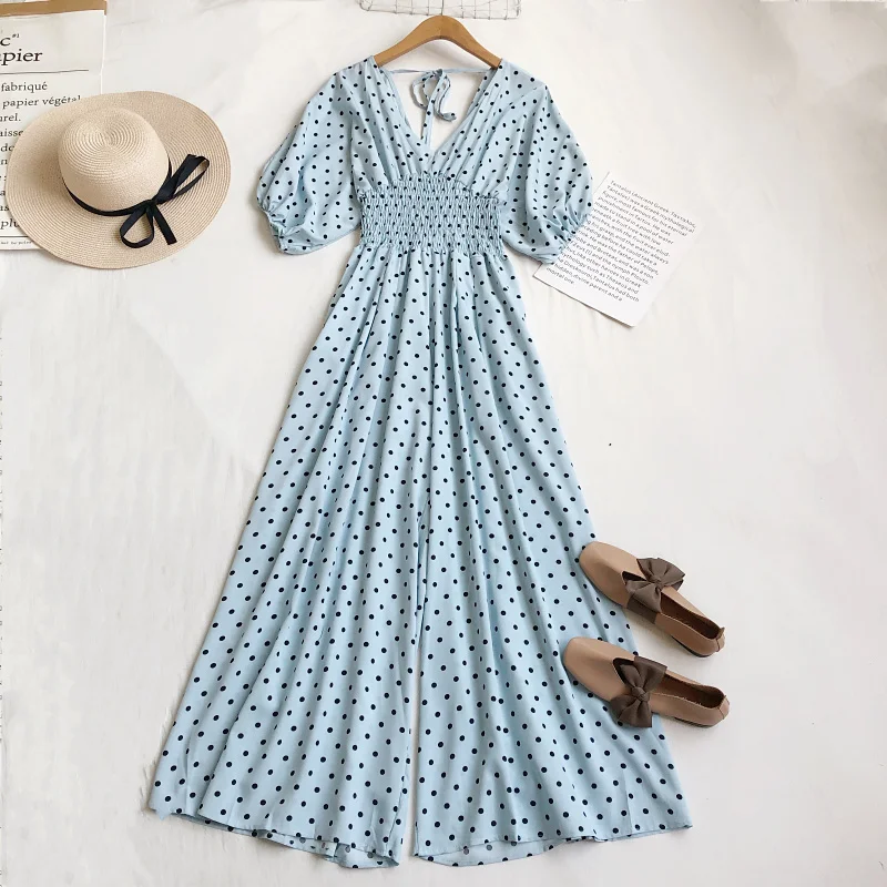 2026 New Summer Woman fashion V Neck short sleeve Dot print jumpsuits high waist pleated casual wide leg Rompers