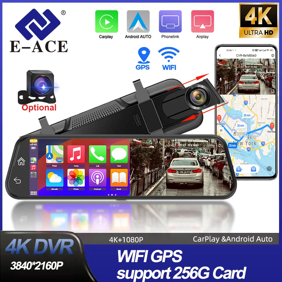 

4K DashCam Stream Mirror 3840*2160P Carplay Android Auto GPS WIFI Автомобильный видеорегистратор Optioanl 1080P Задний объектив Dashcam Drive Recorder FM