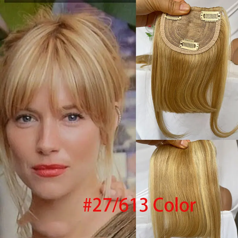 27P613 Blonde Mixed Brown Color Brazilian Human Hair Clip-in Hair Bangs Full Fringe Short Straight Hair Extension for women 6-8\