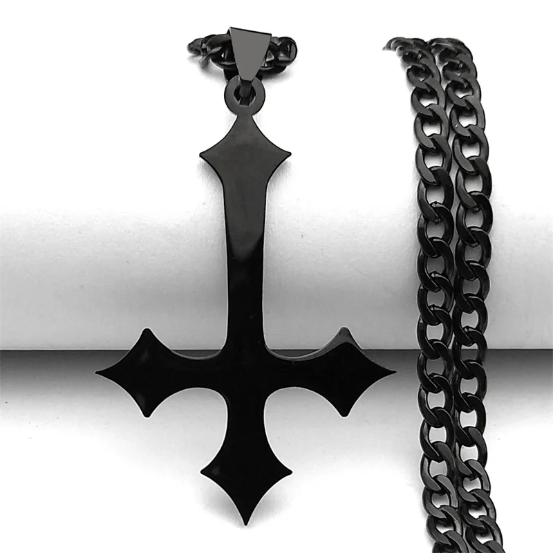 Gotische Punk-Halskette mit umgekehrtem Kreuz-Anhänger für Damen und Herren, Edelstahl, schwarz, silberfarben, Vintage-Kette, Schmuck, Party-Geschenk – Detail 5
