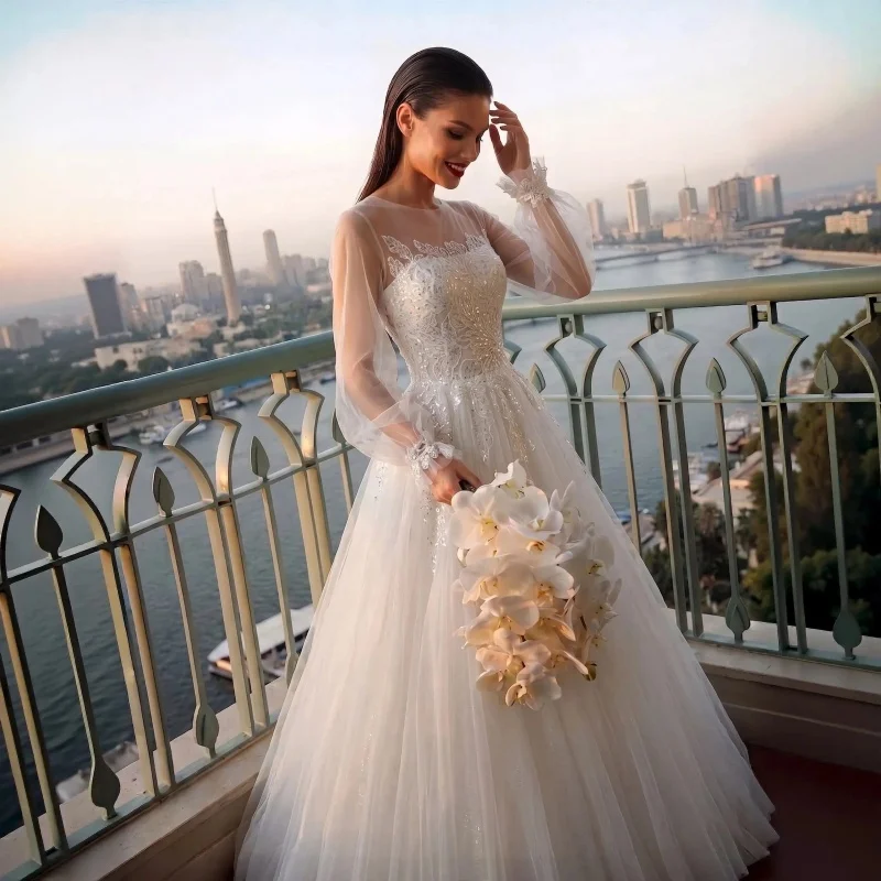 Sheer Tulle Puff Sleeve Wedding Dress Double Round Neck Lace Sequin Bodice A-Line With Court Train Dreamy Romantic Customizable