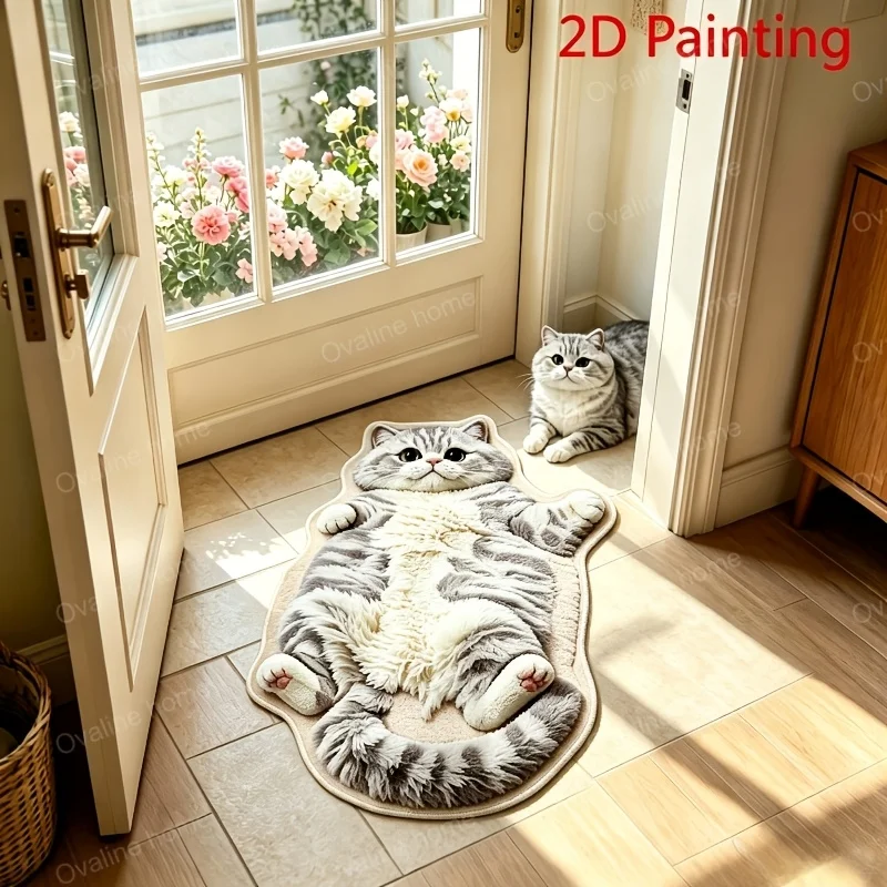 VIKAMA Chubby Lying Tabby Cat Shaped Long Rug 2D Furry Effect Print Non Slip Soft Bedroom Bedside Absorbent Floor Carpet