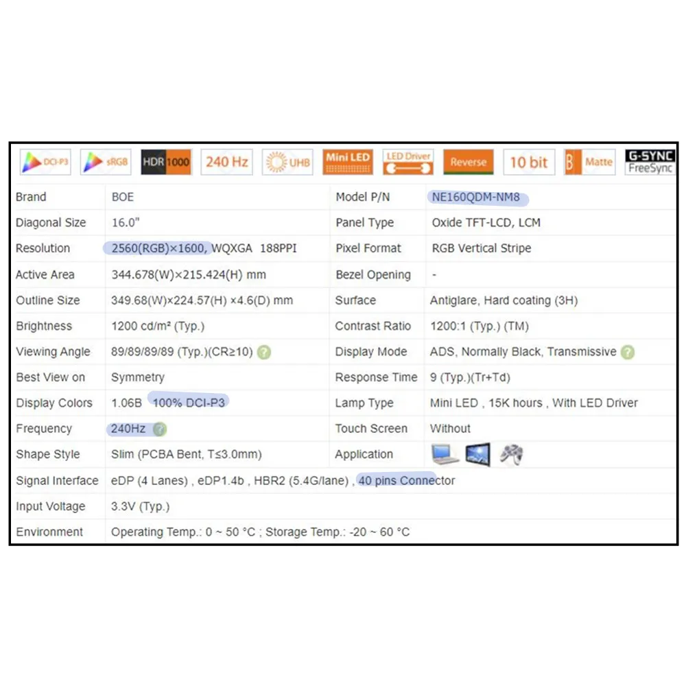 NE160QDM-NM8 NE160QDM NM8 V18.0 الأصلي الجديد 16.0 بوصة MINILED 1200NITS 2.5K 240HZ شاشة الكمبيوتر المحمول غير اللمس #5