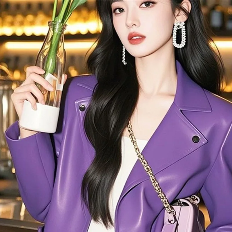 

Super Beautiful Purple Leather Jacket Fashion Women's Leather Coat Top 2026 New Versatile Spring Autumn Locomotive Outerwear