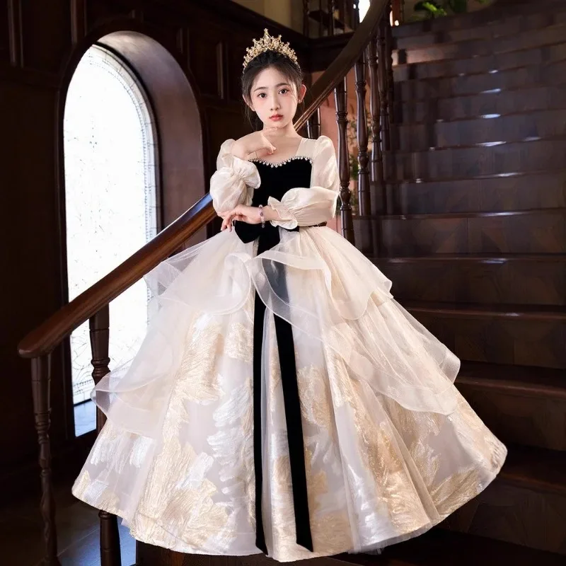 

Новое детское платье цвета шампанского для девочек на день рождения, праздничное платье принцессы для ведущего выступления на фортепиано, торжественные платья, костюм