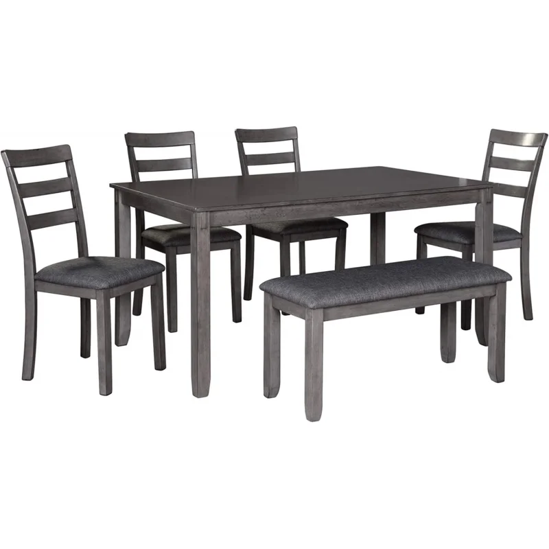 

6-Piece Charcoal Gray Dining Set 6, Solid Wood Table + + Upholstered Chairs, Transitional Style, Sturdy Comfortable